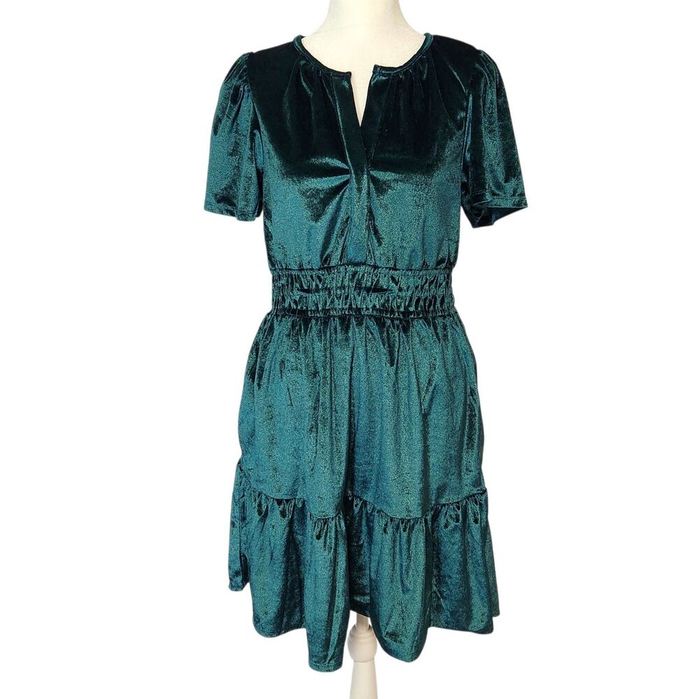 French Connection Emerald Green Velvet Short Sleeve Mini Dress XS NWT Ruffle - Picture 2 of 16